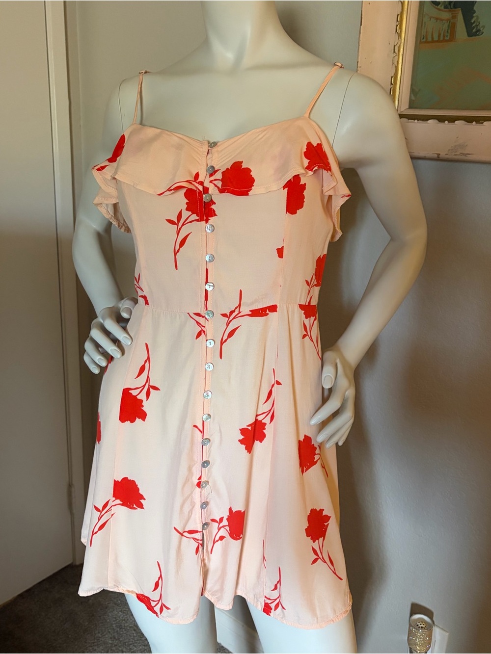 Forever 21 Blush Pink Red Floral Ruffle Mini Dress Size Large